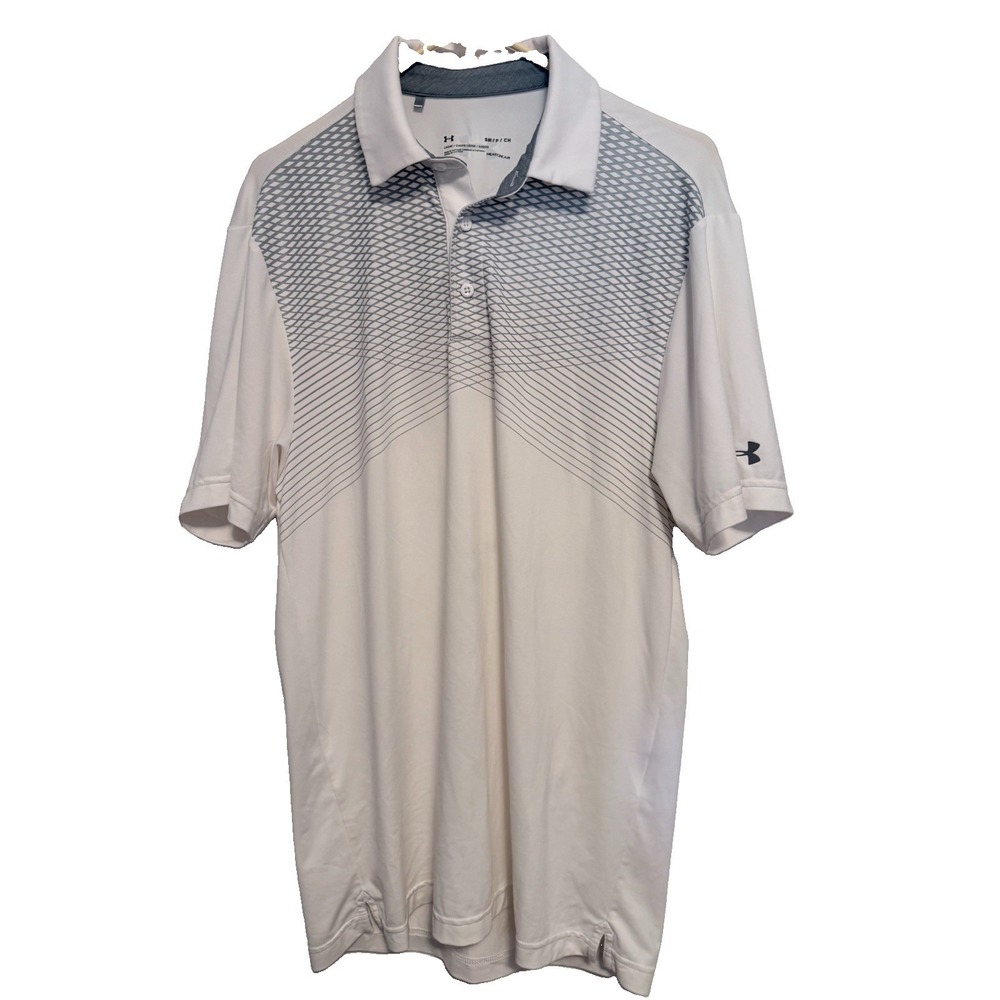 Under Armour HeatGear Mens Polo Shirt White Geometric Golf Short Sleeve S 0026